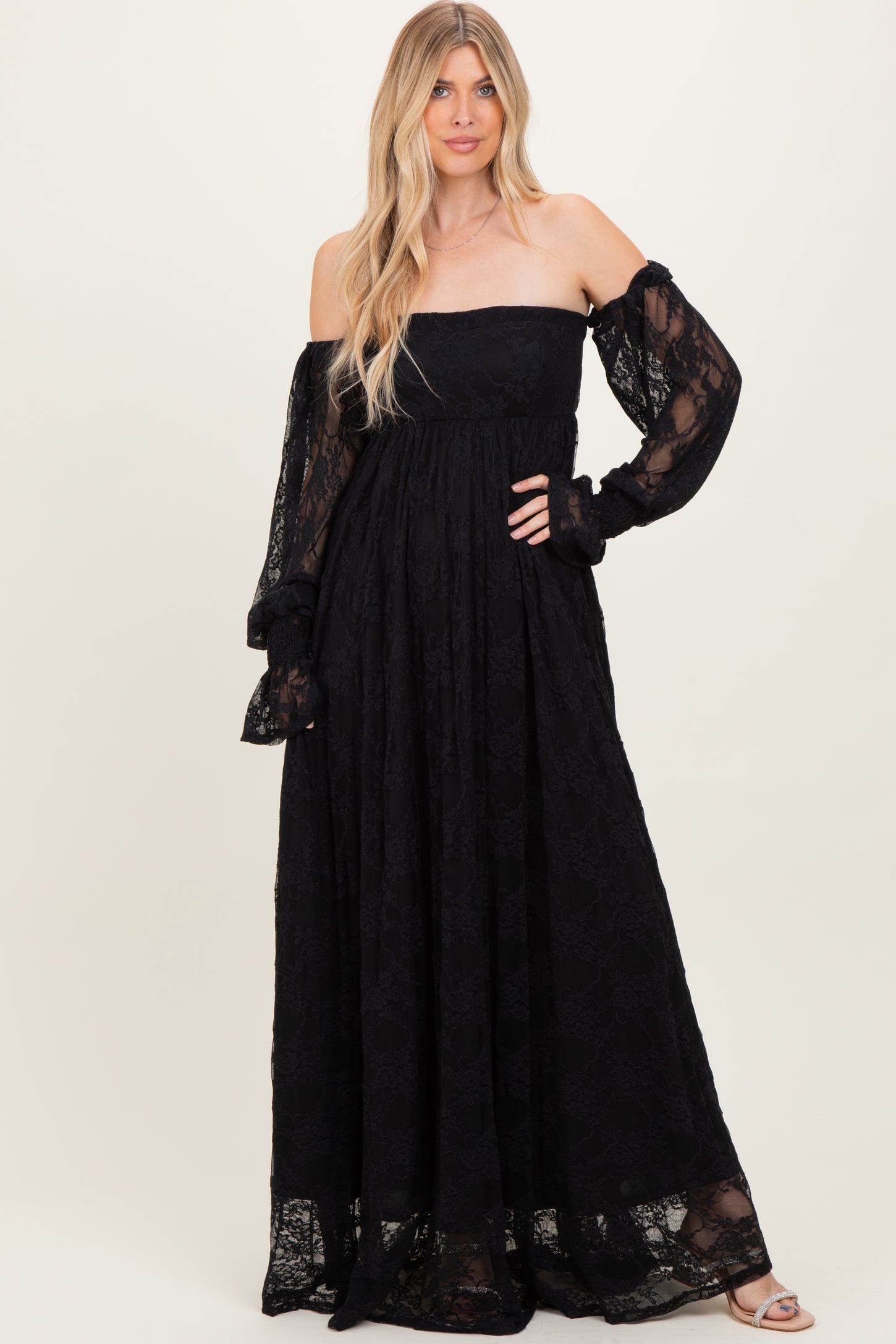 Black Lace Smocked Long Sleeve Off Shoulder Maternity Maxi Dress Black Lace Smocked Long Sleeve Off Shoulder Maternity Maxi Dress