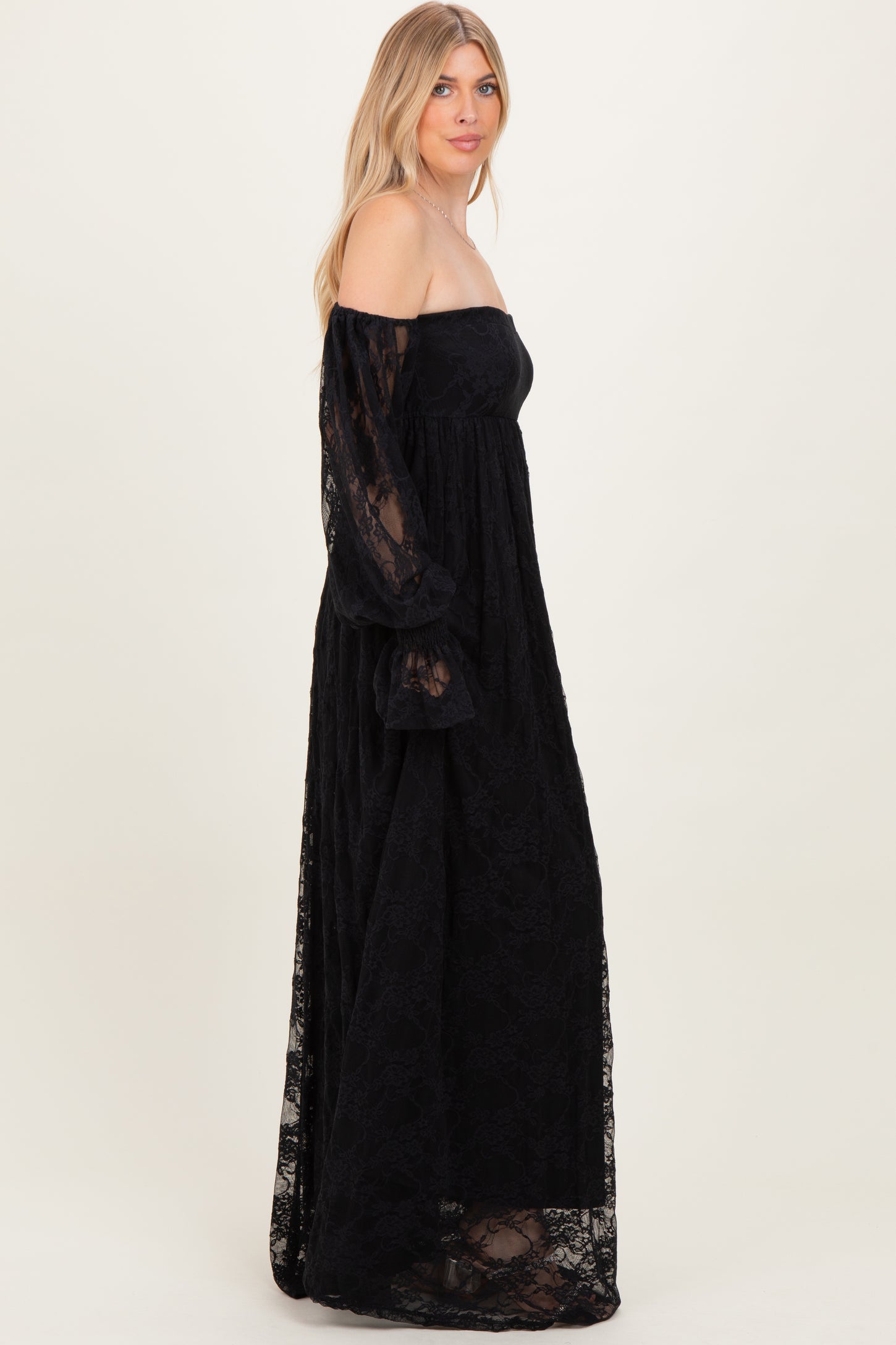 Black Lace Smocked Long Sleeve Off Shoulder Maxi Dress