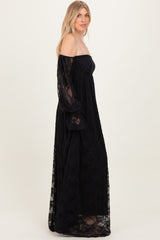 Black Lace Smocked Long Sleeve Off Shoulder Maxi Dress