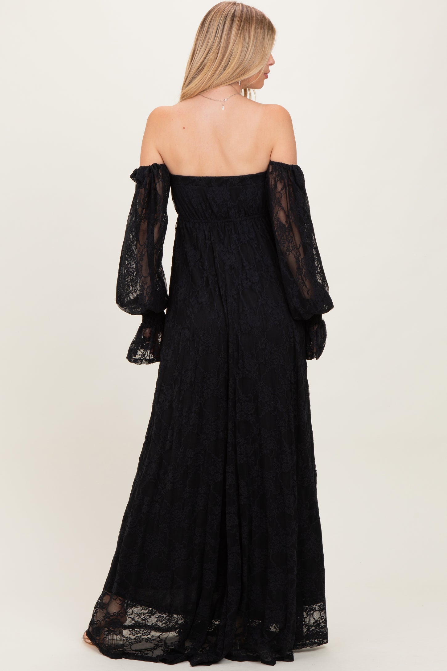 Black Lace Smocked Long Sleeve Off Shoulder Maxi Dress