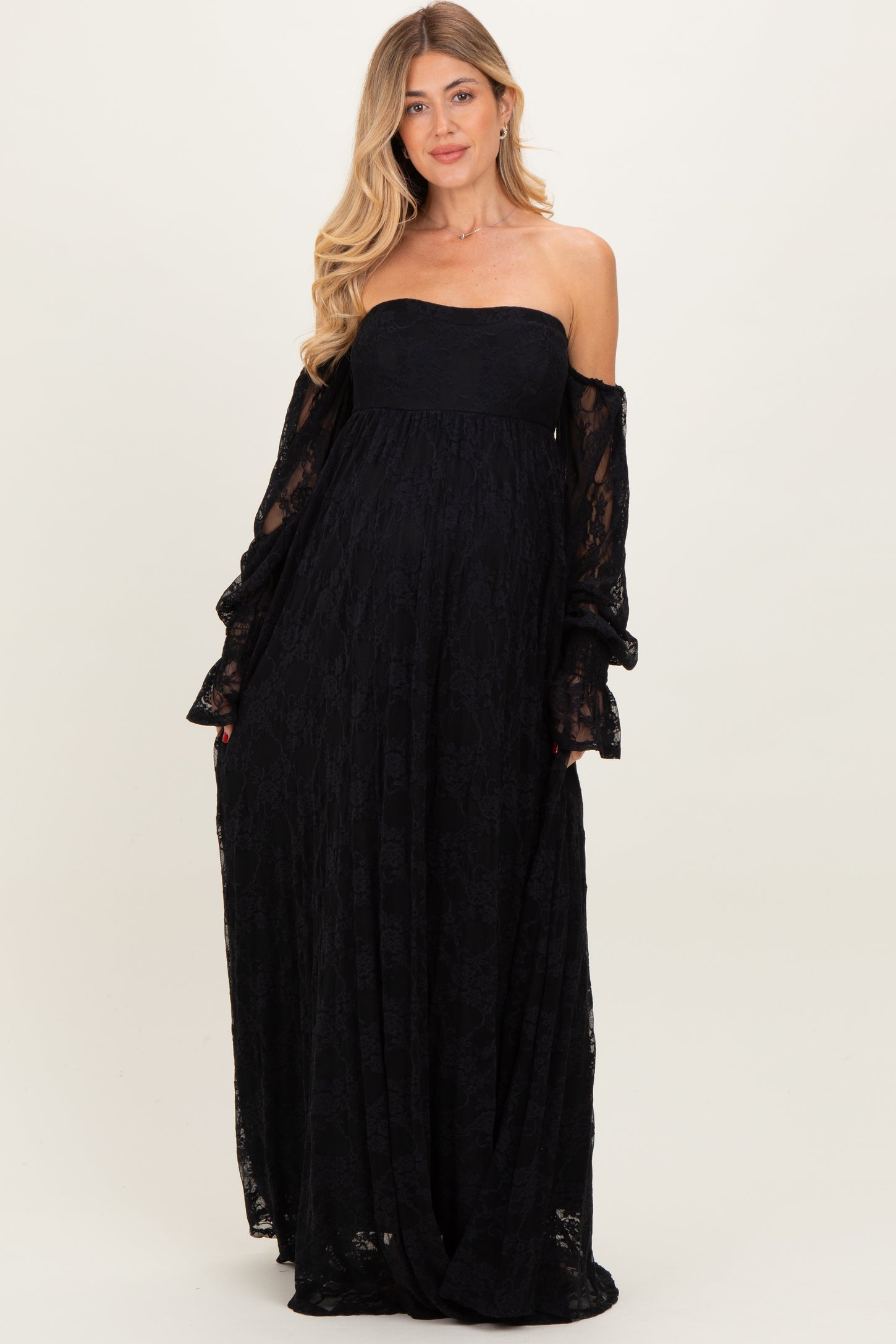 Black Lace Smocked Long Sleeve Off Shoulder Maternity Maxi Dress Black Lace Smocked Long Sleeve Off Shoulder Maternity Maxi Dress