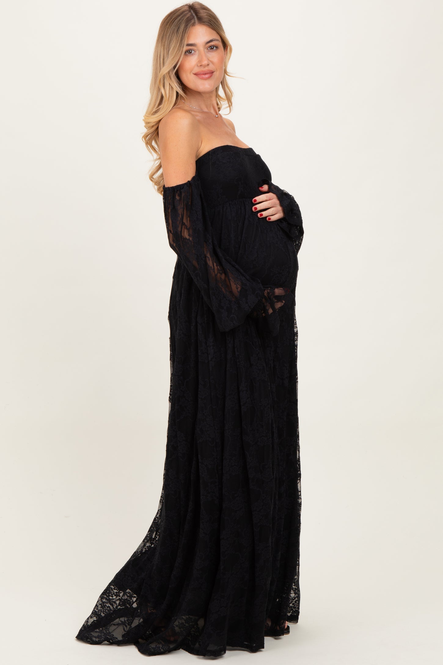 Black Lace Smocked Long Sleeve Off Shoulder Maternity Maxi Dress Black Lace Smocked Long Sleeve Off Shoulder Maternity Maxi Dress