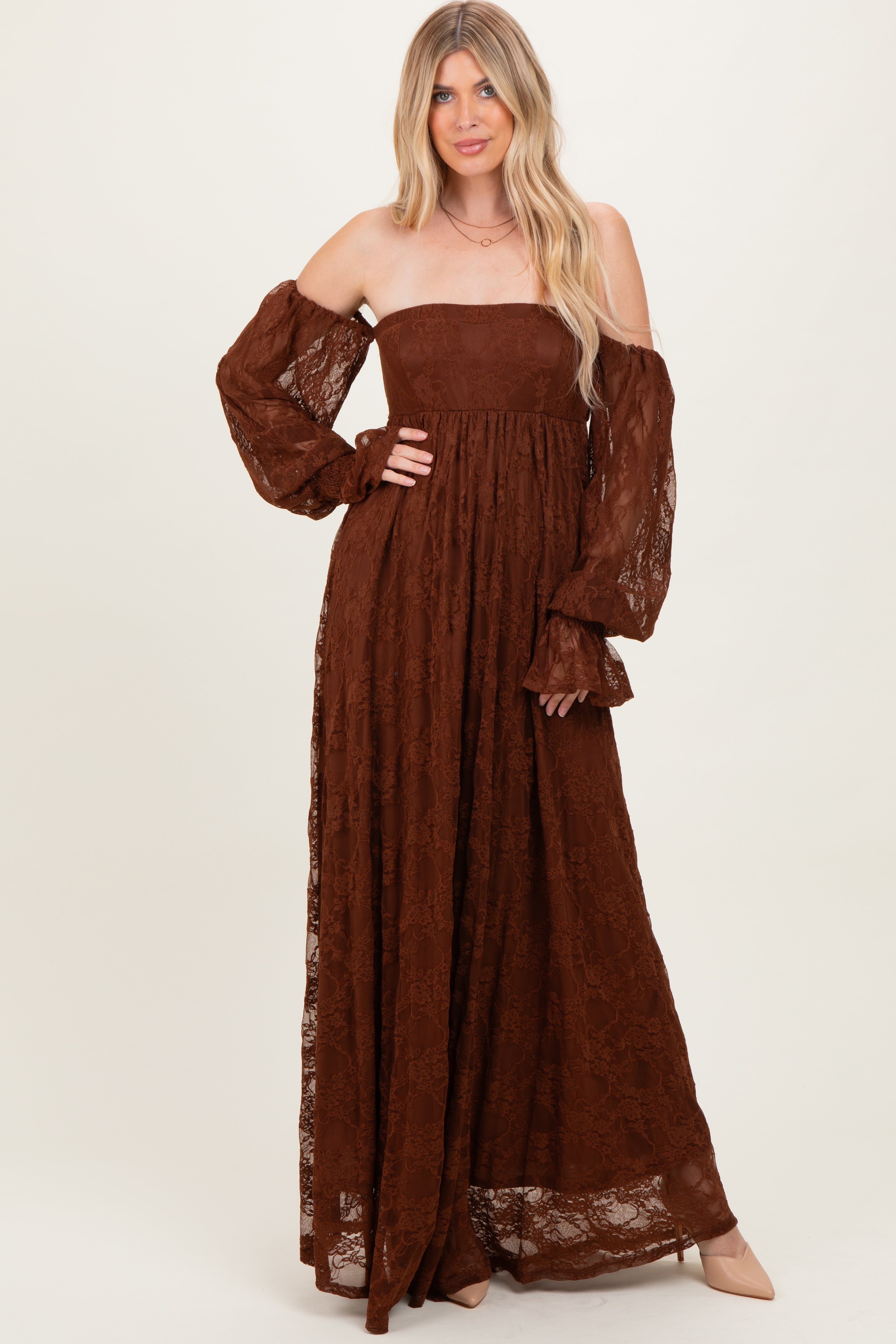 brown dress with lace Smocked Long Sleeve Off Shoulder Maxi – PinkBlush fitted gowns Featuring a high neckline The Baby Shower Maxi Color:Custom Color(Leave color in the seller box)