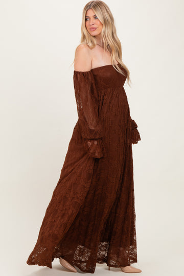 Brown Lace Smocked Long Sleeve Off Shoulder Maxi Dress