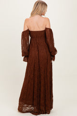 Brown Lace Smocked Long Sleeve Off Shoulder Maxi Dress