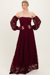 Burgundy Lace Smocked Long Sleeve Off Shoulder Maxi Dress