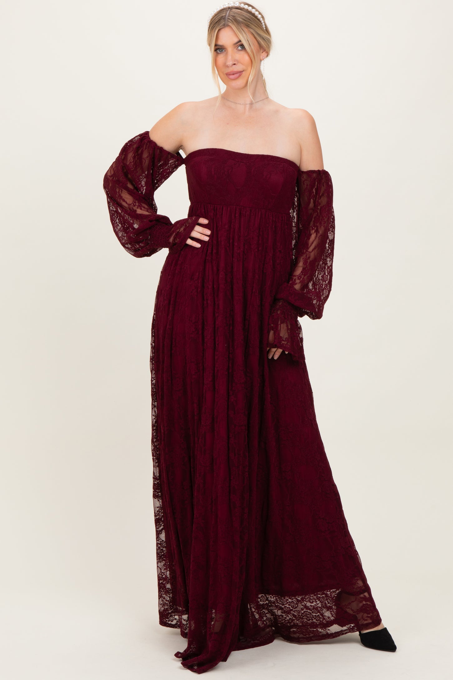 Burgundy Lace Smocked Long Sleeve Off Shoulder Maxi Dress PinkBlush Burgundy Lace Smocked Long Sleeve Off Shoulder Maxi Dress PinkBlush
