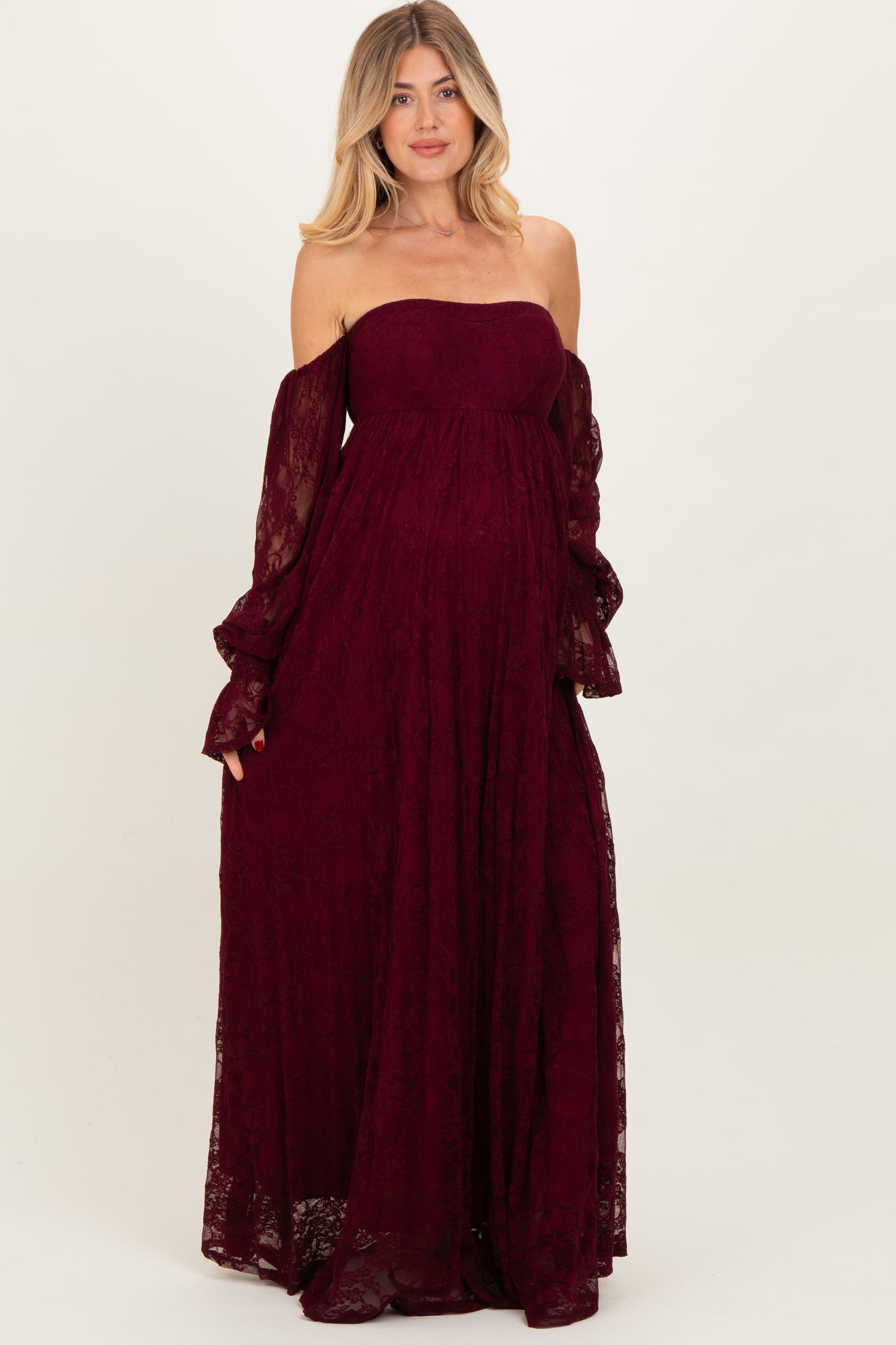 Burgundy Lace Smocked Long Sleeve Off Shoulder Maternity Maxi Dress – PinkBlush