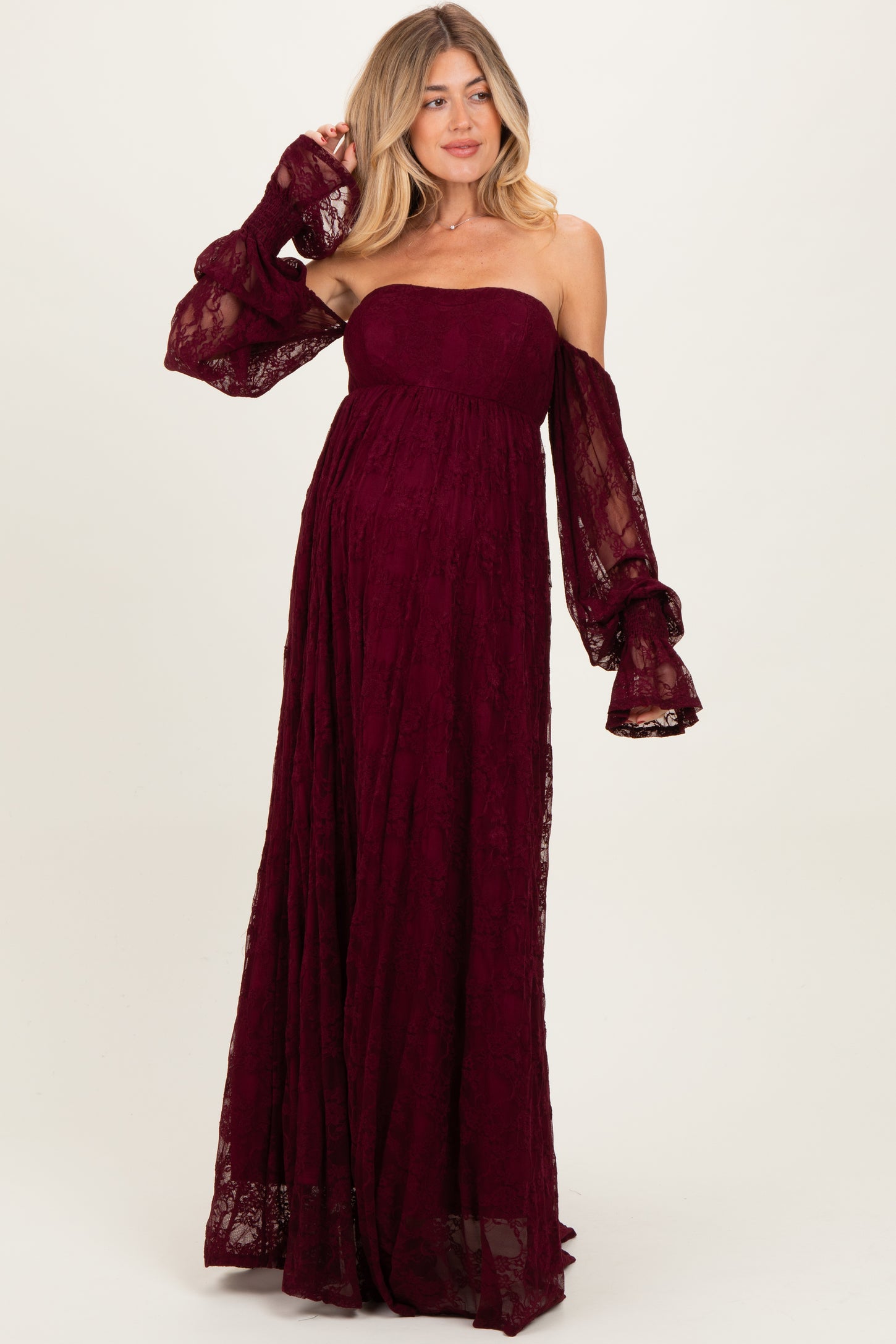 Burgundy Lace Smocked Long Sleeve Off Shoulder Maternity Maxi Dress PinkBlush Burgundy Lace Smocked Long Sleeve Off Shoulder Maternity Maxi Dress PinkBlush