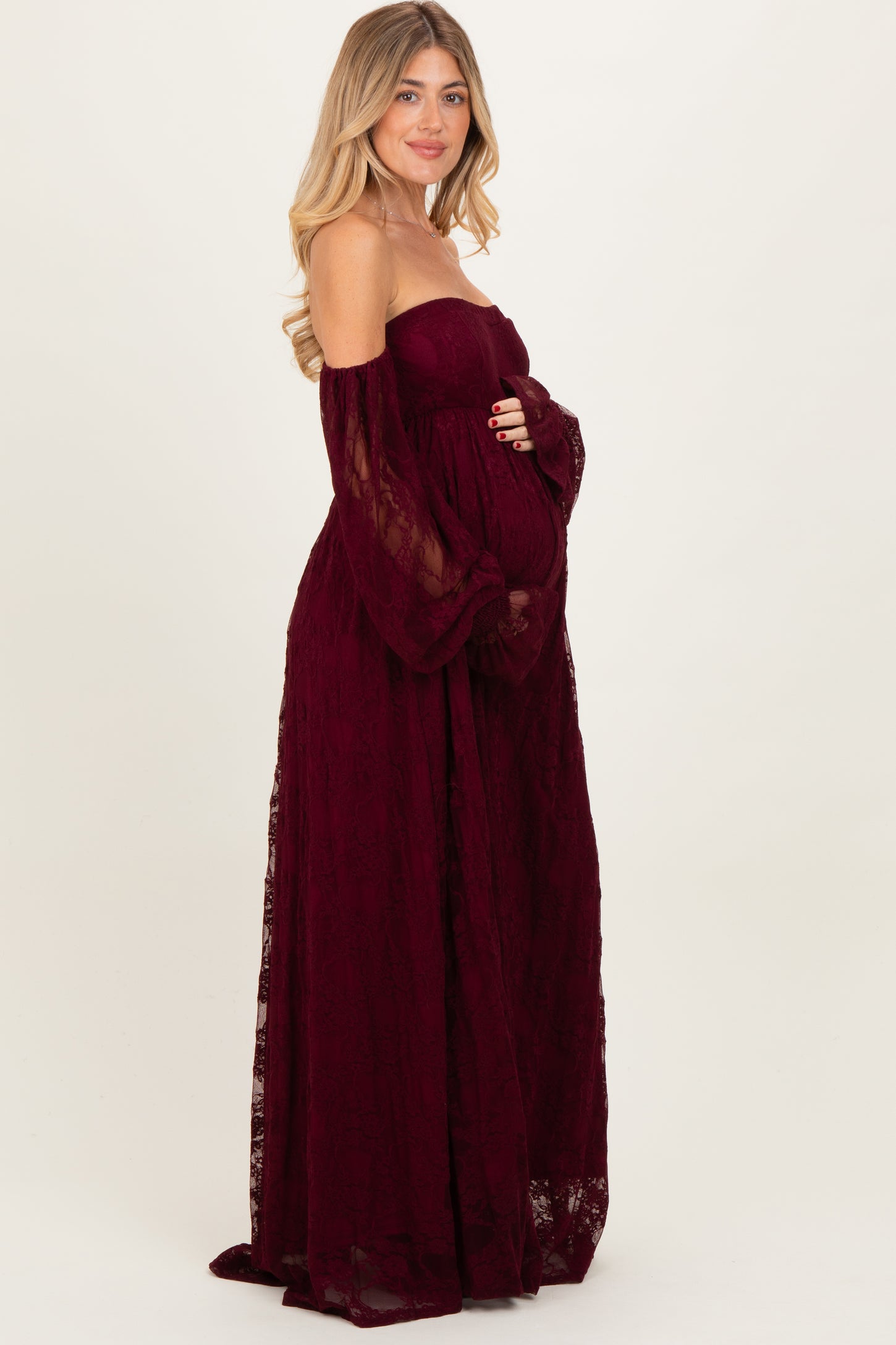 Burgundy Lace Smocked Long Sleeve Off Shoulder Maternity Maxi Dress PinkBlush Burgundy Lace Smocked Long Sleeve Off Shoulder Maternity Maxi Dress PinkBlush