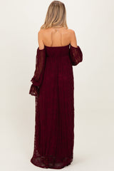 Burgundy Lace Smocked Long Sleeve Off Shoulder Maternity Maxi Dress