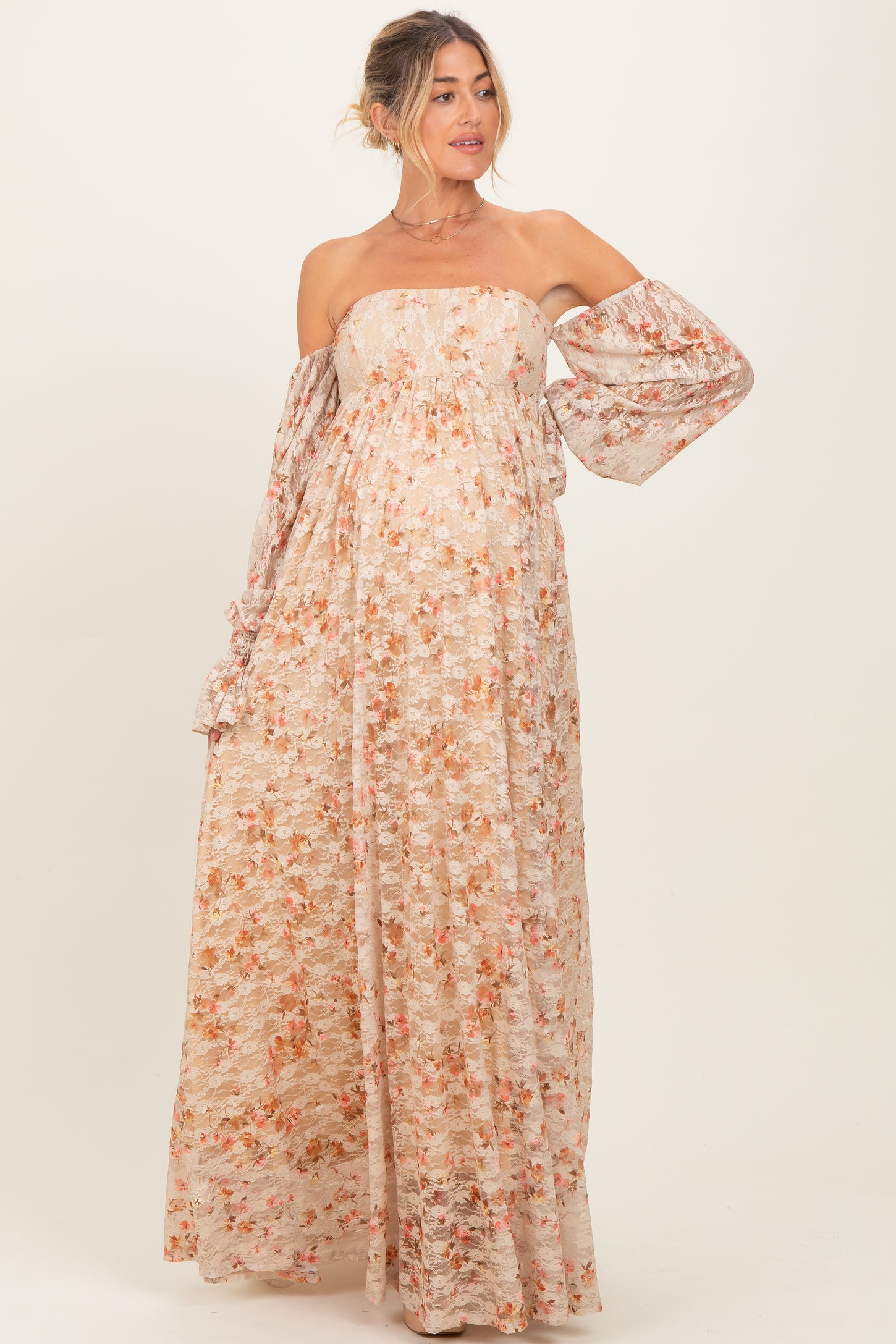 Multi Color Floral Lace Smocked Long Sleeve Off Shoulder Maternity Max PinkBlush Multi Color Floral Lace Smocked Long Sleeve Off Shoulder Maternity Max PinkBlush