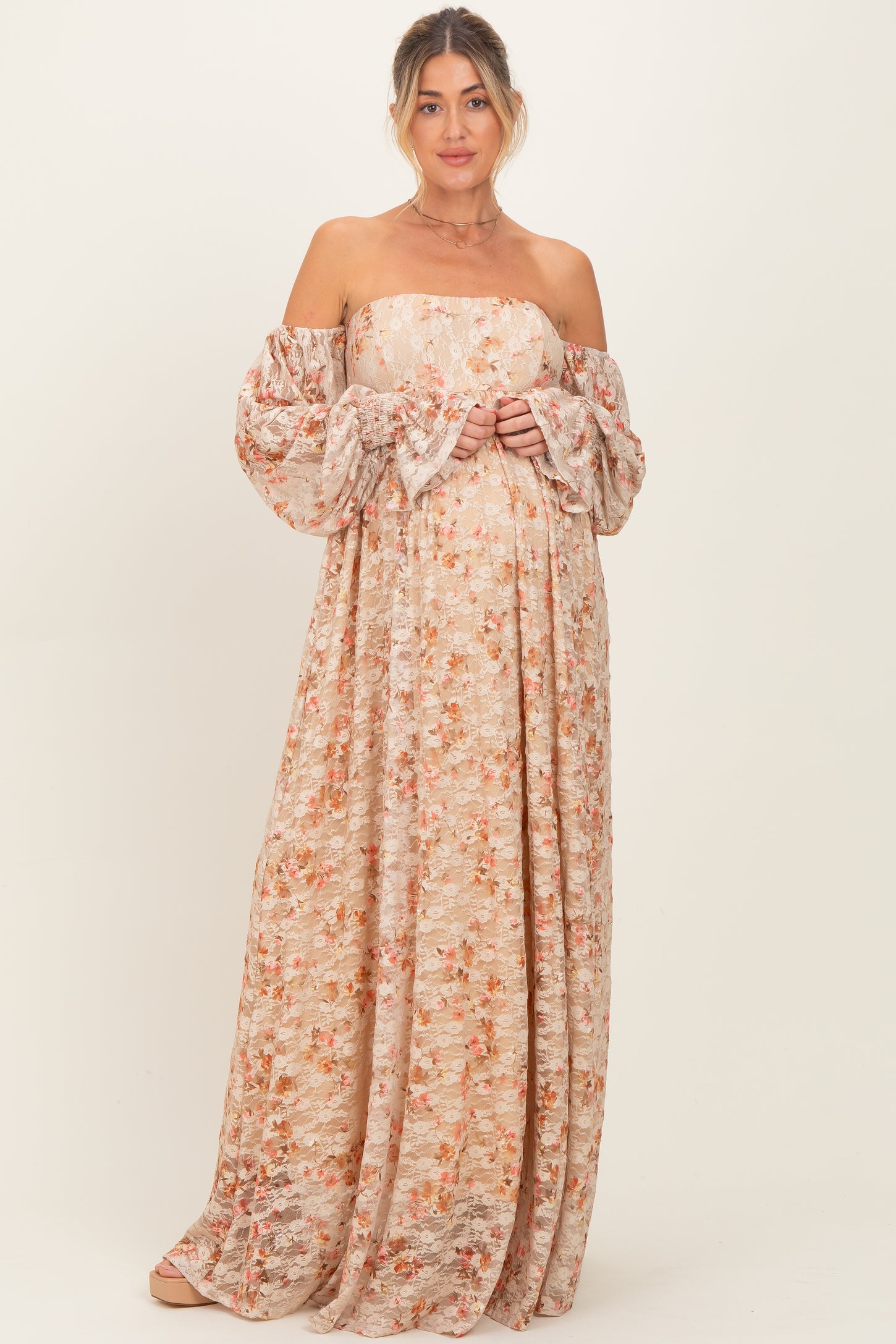 Multi Color Floral Lace Smocked Long Sleeve Off Shoulder Maternity Maxi Dress Multi Color Floral Lace Smocked Long Sleeve Off Shoulder Maternity Maxi Dress