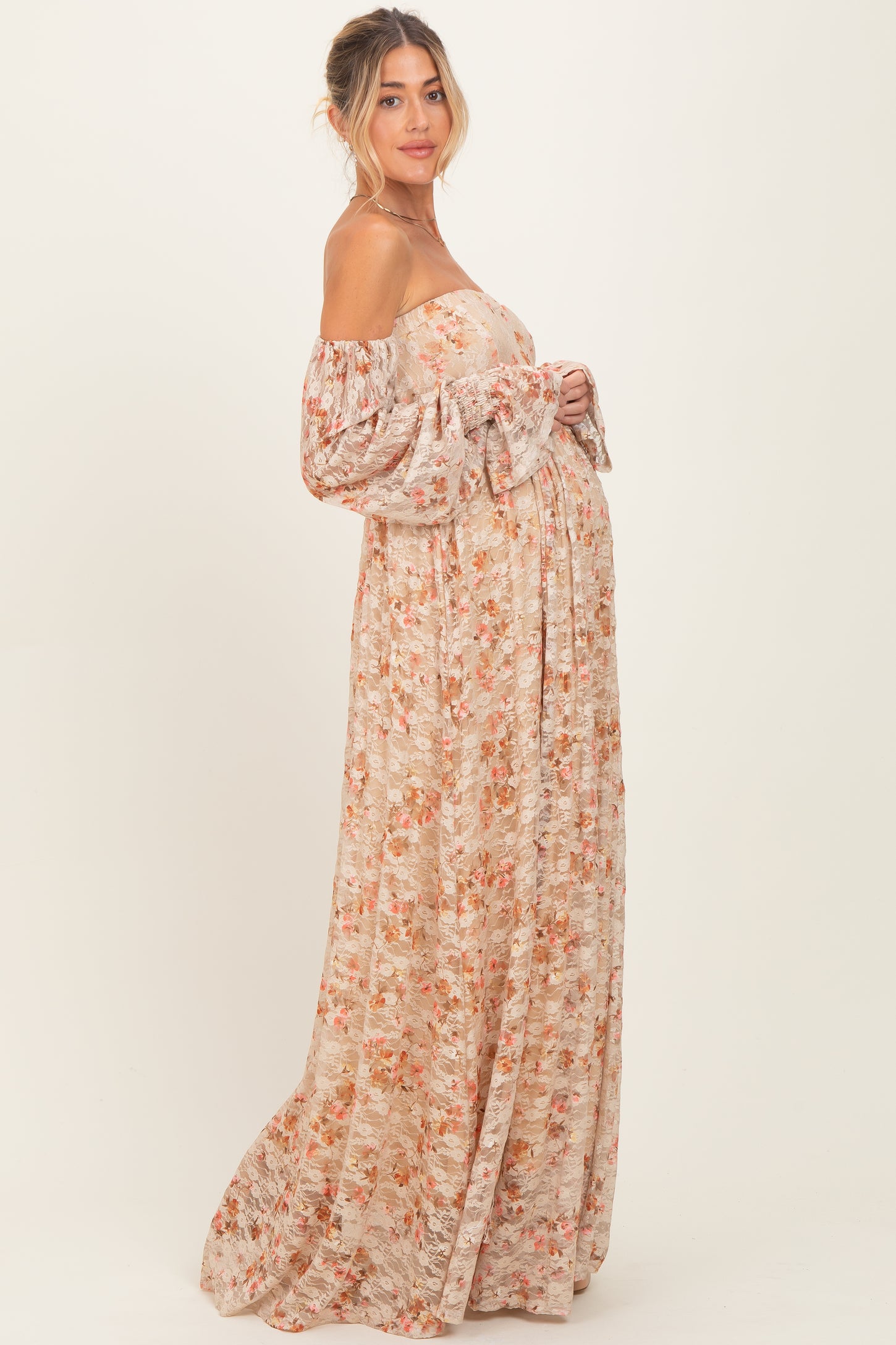 Multi Color Floral Lace Smocked Long Sleeve Off Shoulder Maternity Maxi Dress Multi Color Floral Lace Smocked Long Sleeve Off Shoulder Maternity Maxi Dress