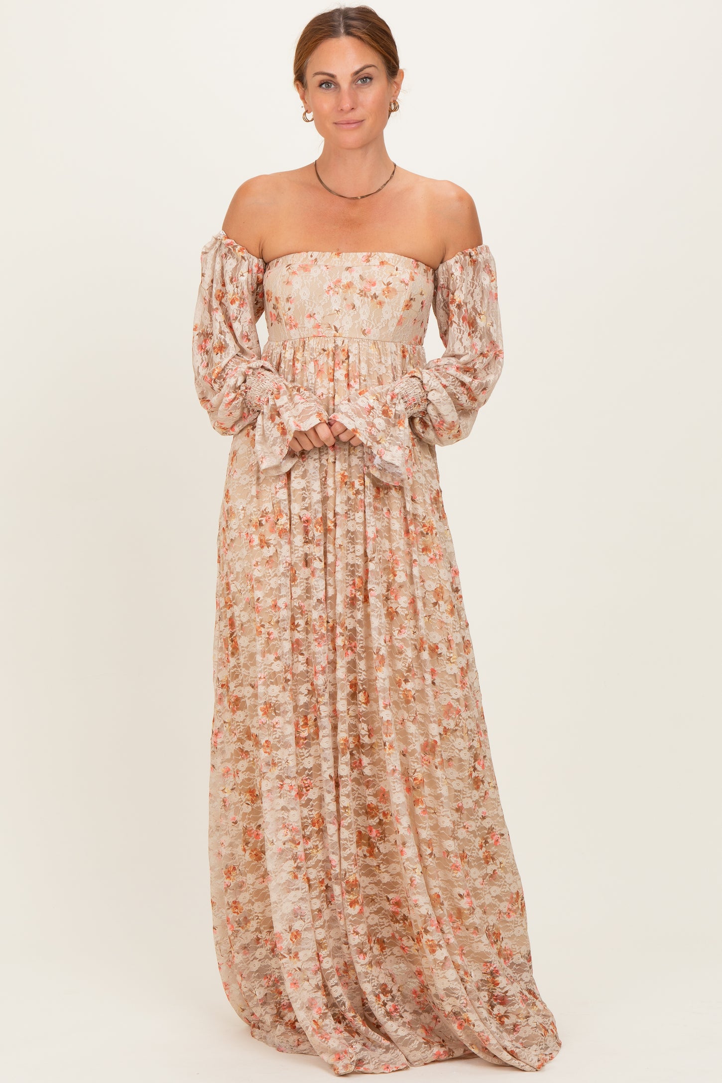 Multi Color Floral Lace Smocked Long Sleeve Off Shoulder Maternity Maxi Dress Multi Color Floral Lace Smocked Long Sleeve Off Shoulder Maternity Maxi Dress