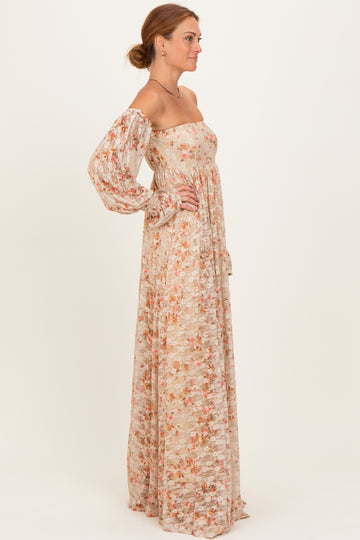 Multi Color Floral Lace Smocked Long Sleeve Off Shoulder Maxi Dress
