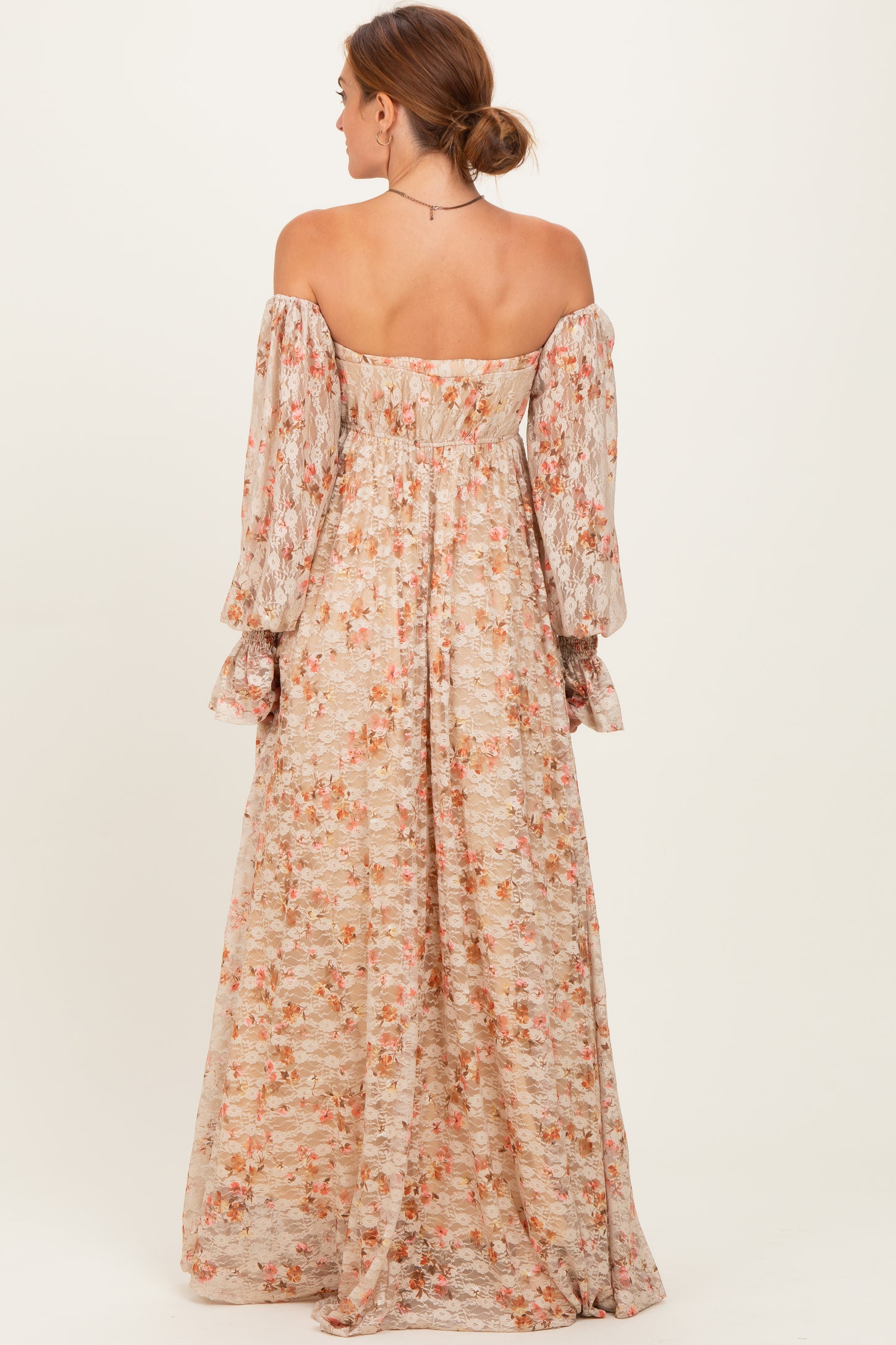Multi Color Floral Lace Smocked Long Sleeve Off Shoulder Maxi Dress PinkBlush Multi Color Floral Lace Smocked Long Sleeve Off Shoulder Maxi Dress PinkBlush