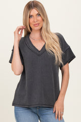 Charcoal Ribbed Short Sleeve V-Neck Reverse Stitch Top