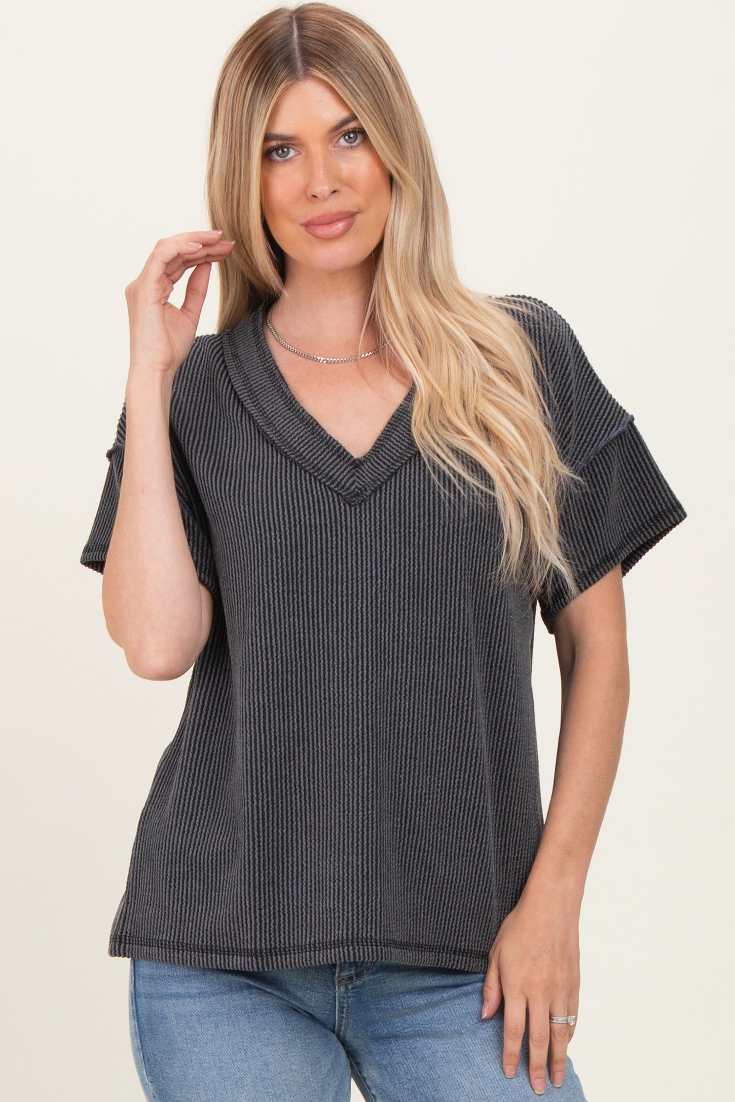 Charcoal Ribbed Short Sleeve V-Neck Reverse Stitch Maternity Top
