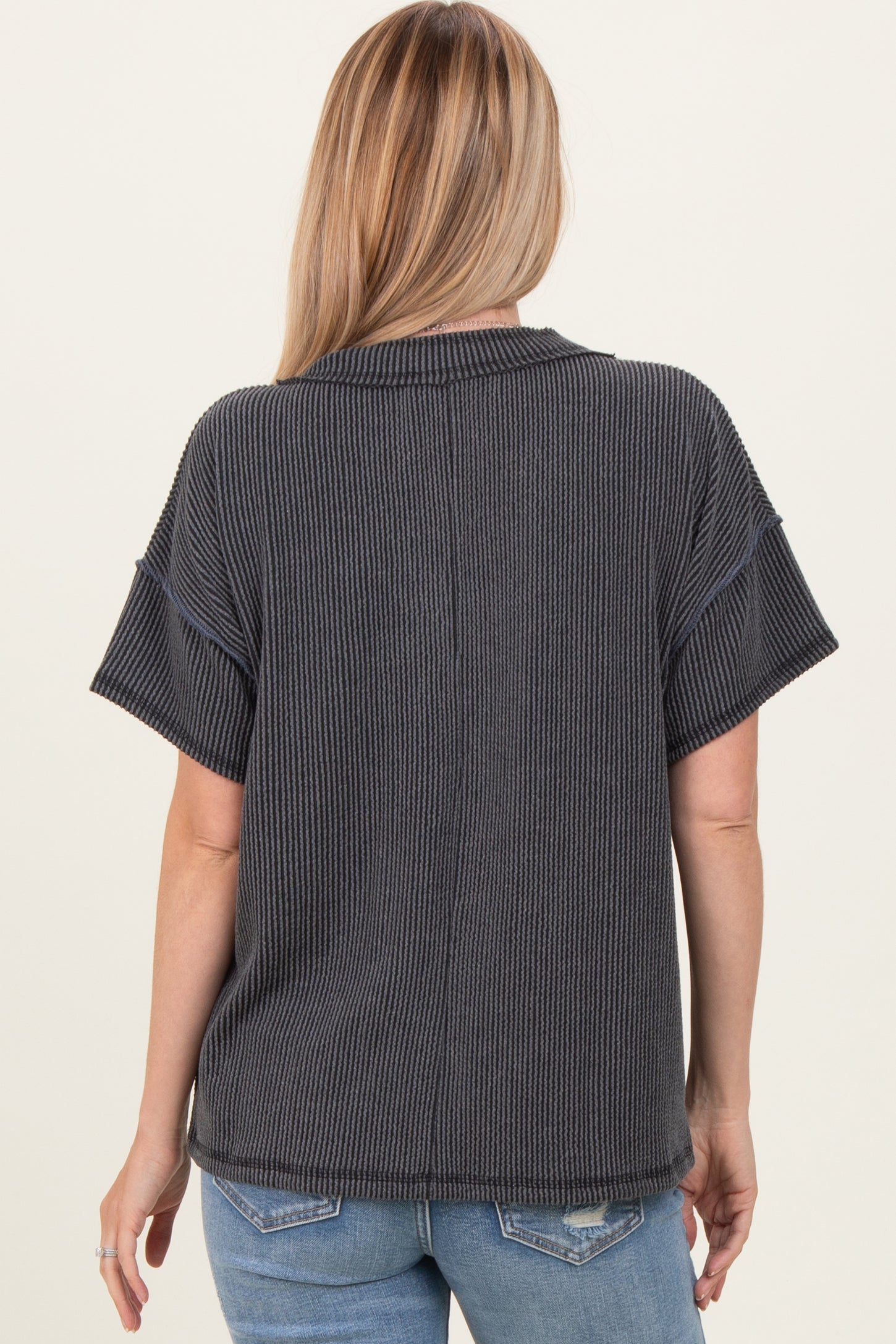 Charcoal Ribbed Short Sleeve V-Neck Reverse Stitch Top