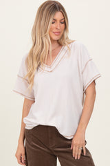 Cream Ribbed Short Sleeve V-Neck Reverse Stitch Top
