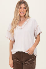 Cream Ribbed Short Sleeve V-Neck Reverse Stitch Top