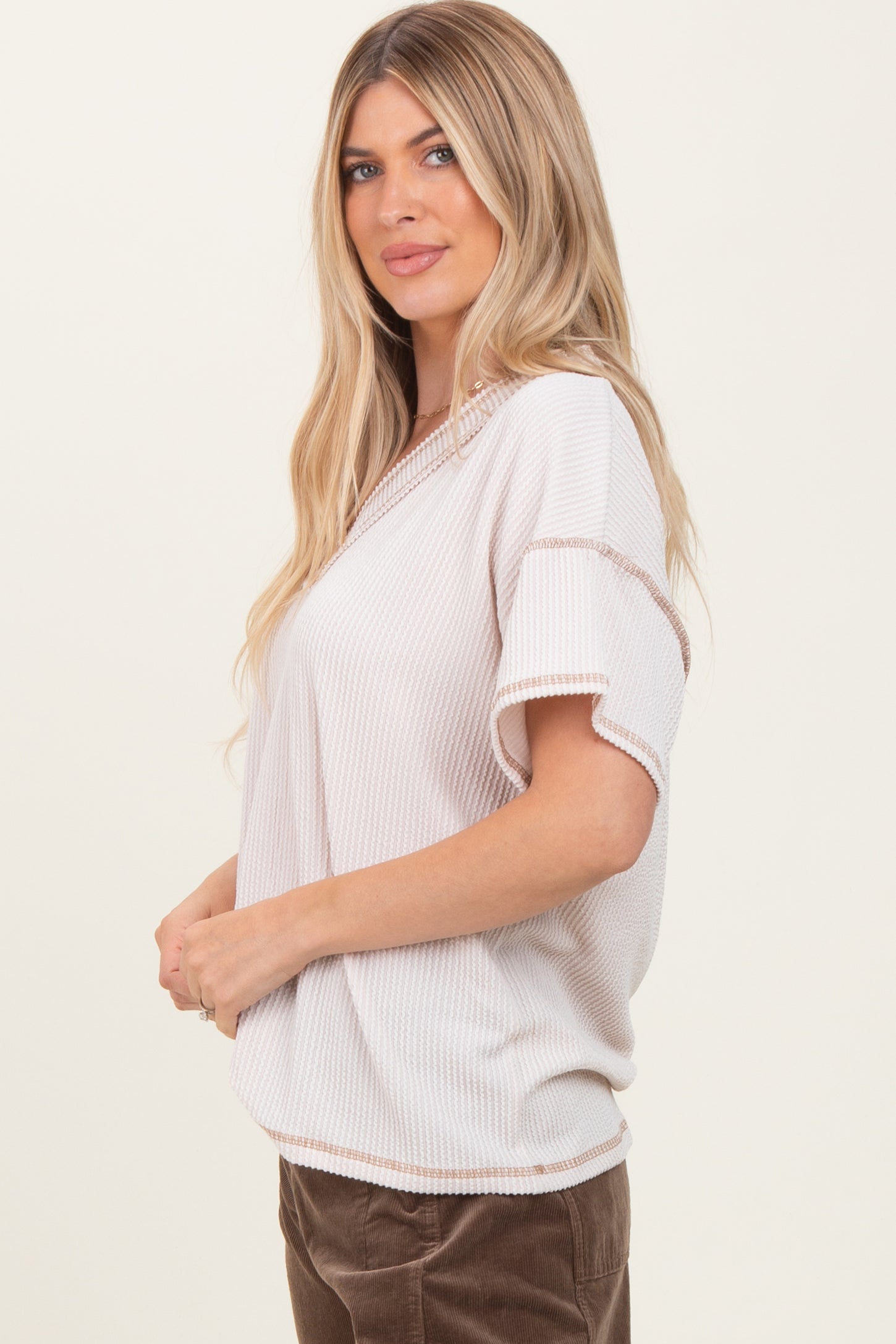 Cream Ribbed Short Sleeve V-Neck Reverse Stitch Top