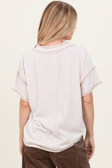 Cream Ribbed Short Sleeve V-Neck Reverse Stitch Top