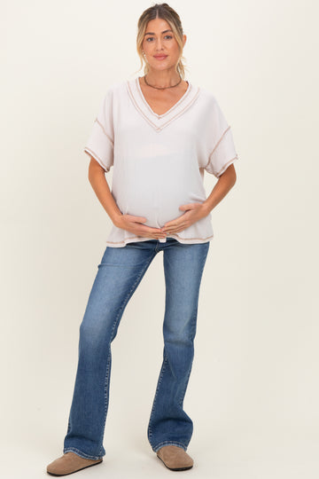 Cream Ribbed Short Sleeve V-Neck Reverse Stitch Maternity Top