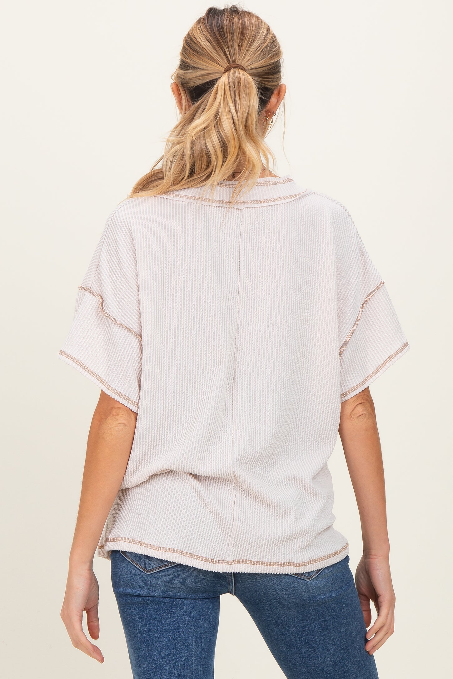 Cream Ribbed Short Sleeve V-Neck Reverse Stitch Maternity Top