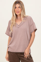 Taupe Ribbed Short Sleeve V-Neck Reverse Stitch Maternity Top