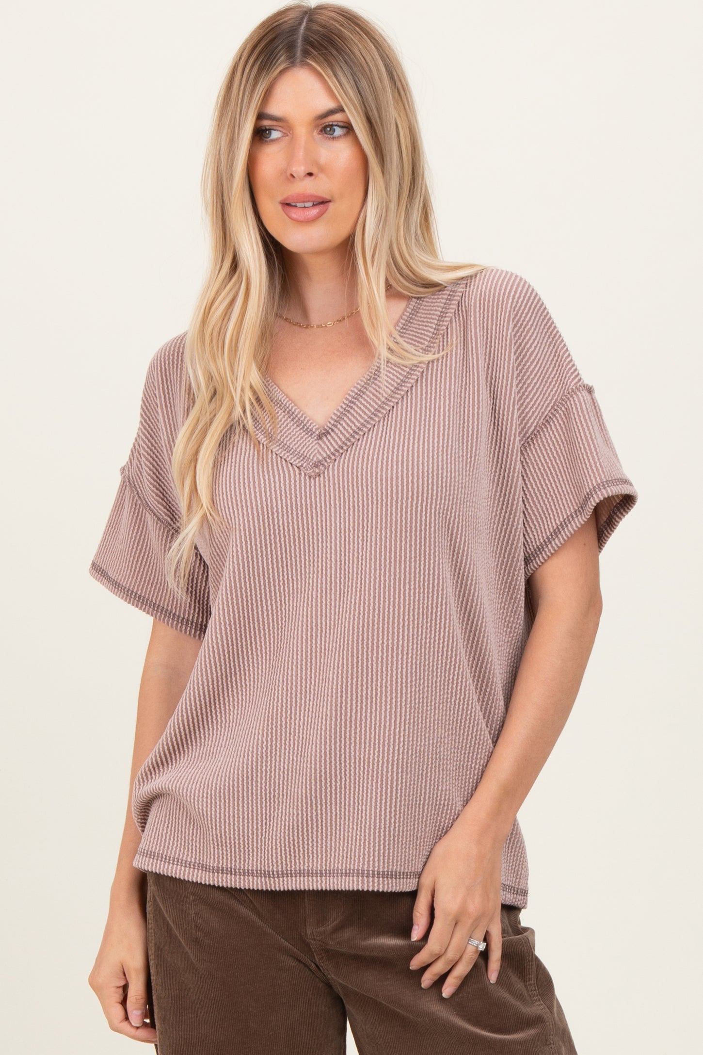 Taupe Ribbed Short Sleeve V-Neck Reverse Stitch Top