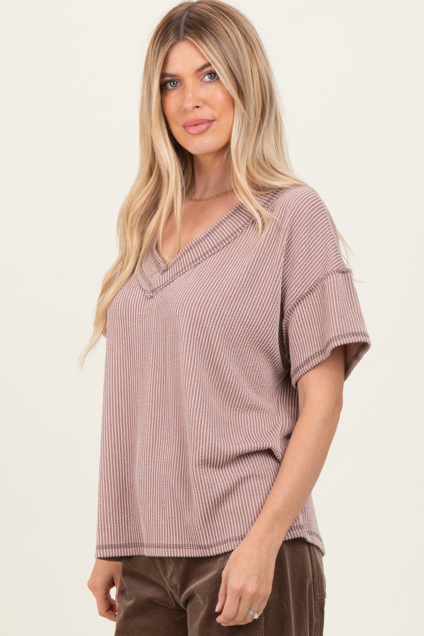 Taupe Ribbed Short Sleeve V-Neck Reverse Stitch Top