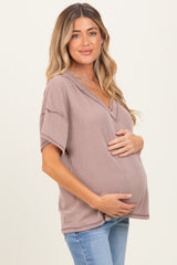 Taupe Ribbed Short Sleeve V-Neck Reverse Stitch Maternity Top