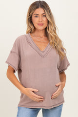 Taupe Ribbed Short Sleeve V-Neck Reverse Stitch Maternity Top