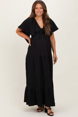 Black Woven Textured Flutter Sleeve V-Neck Tiered Maternity Maxi Dress