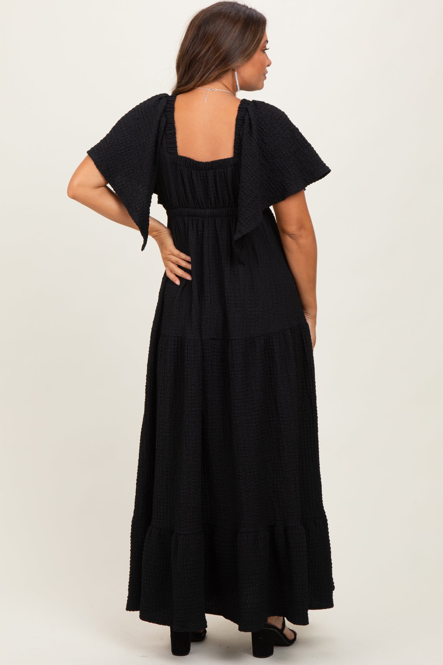 Black Woven Textured Flutter Sleeve V-Neck Tiered Maternity Maxi Dress
