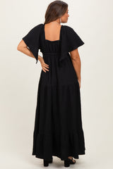 Black Woven Textured Flutter Sleeve V-Neck Tiered Maternity Maxi Dress