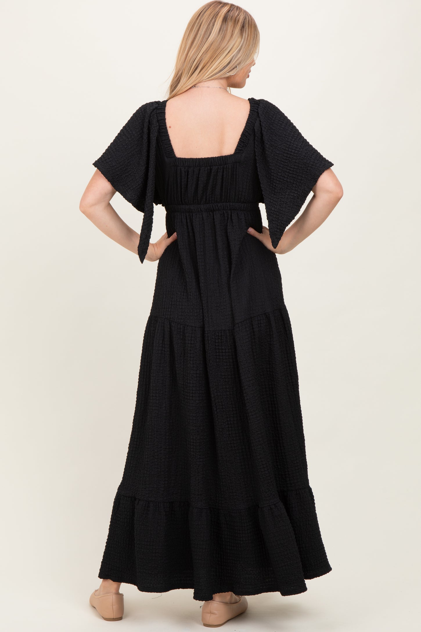 Black Woven Textured Flutter Sleeve V-Neck Tiered Maxi Dress