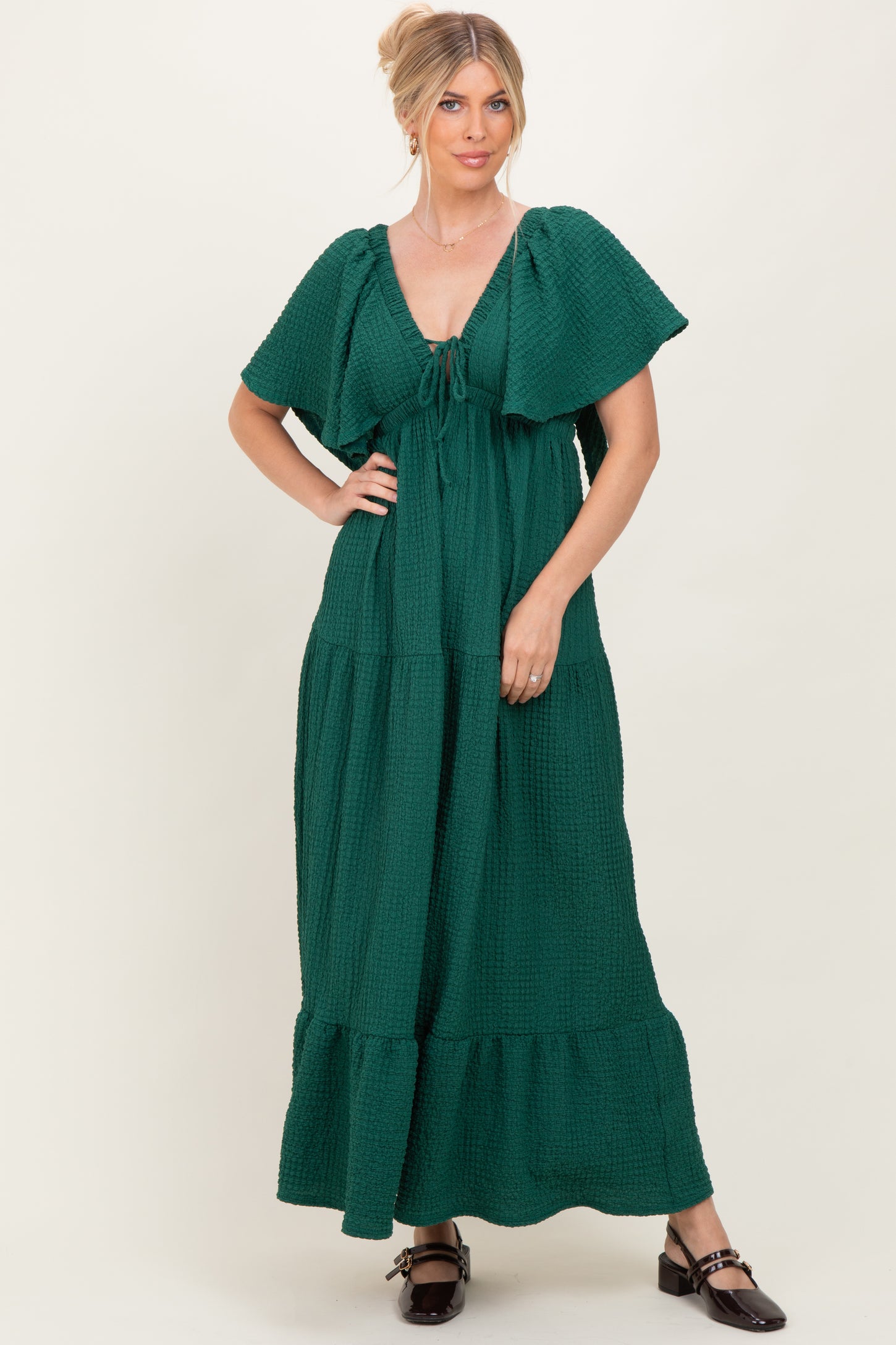 Hunter Green Woven Textured Flutter Sleeve V-Neck Tiered Maternity Maxi Dress Hunter Green Woven Textured Flutter Sleeve V-Neck Tiered Maternity Maxi Dress