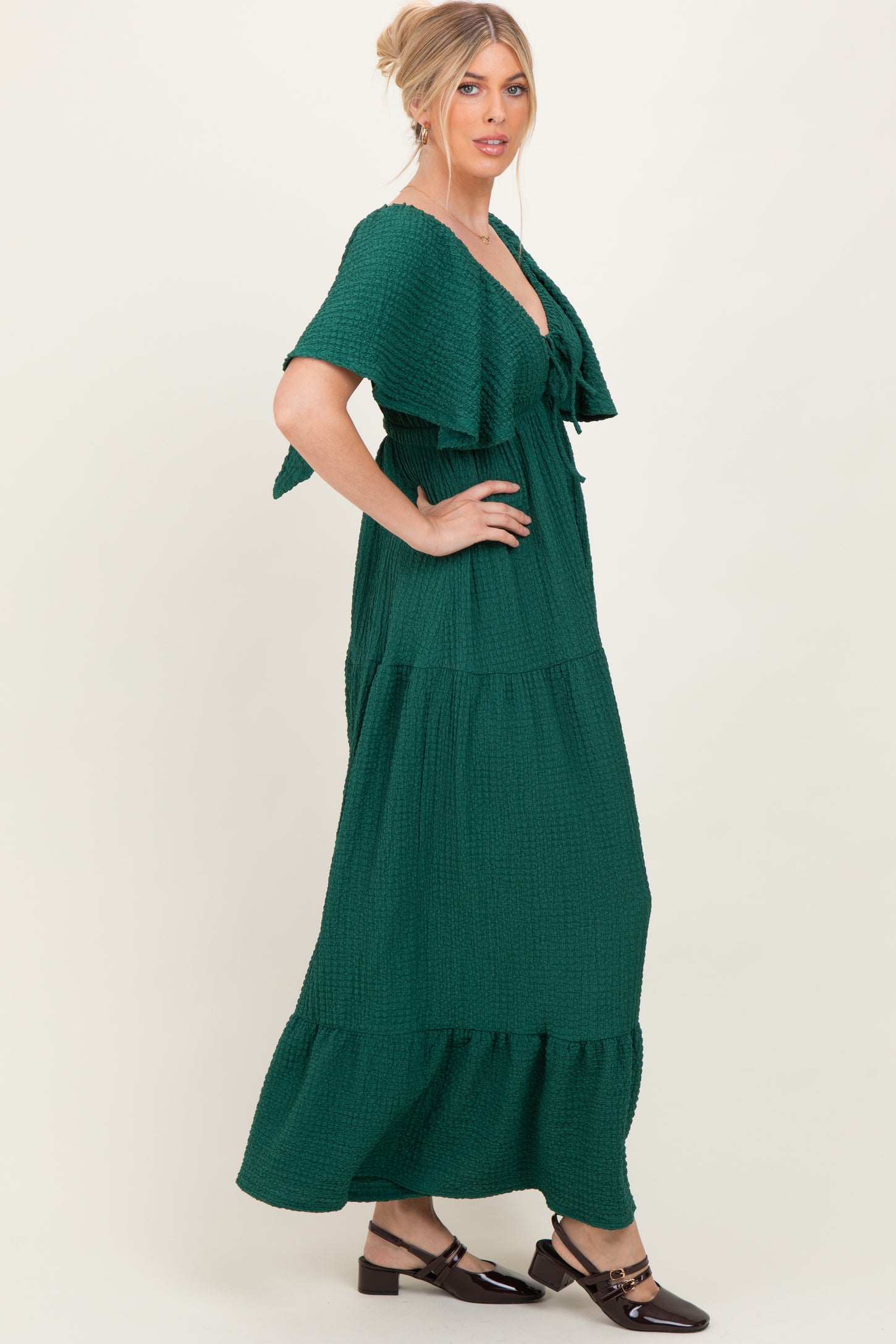 Hunter Green Textured Flutter Sleeve V-Neck Tiered Maxi Dress – PinkBlush