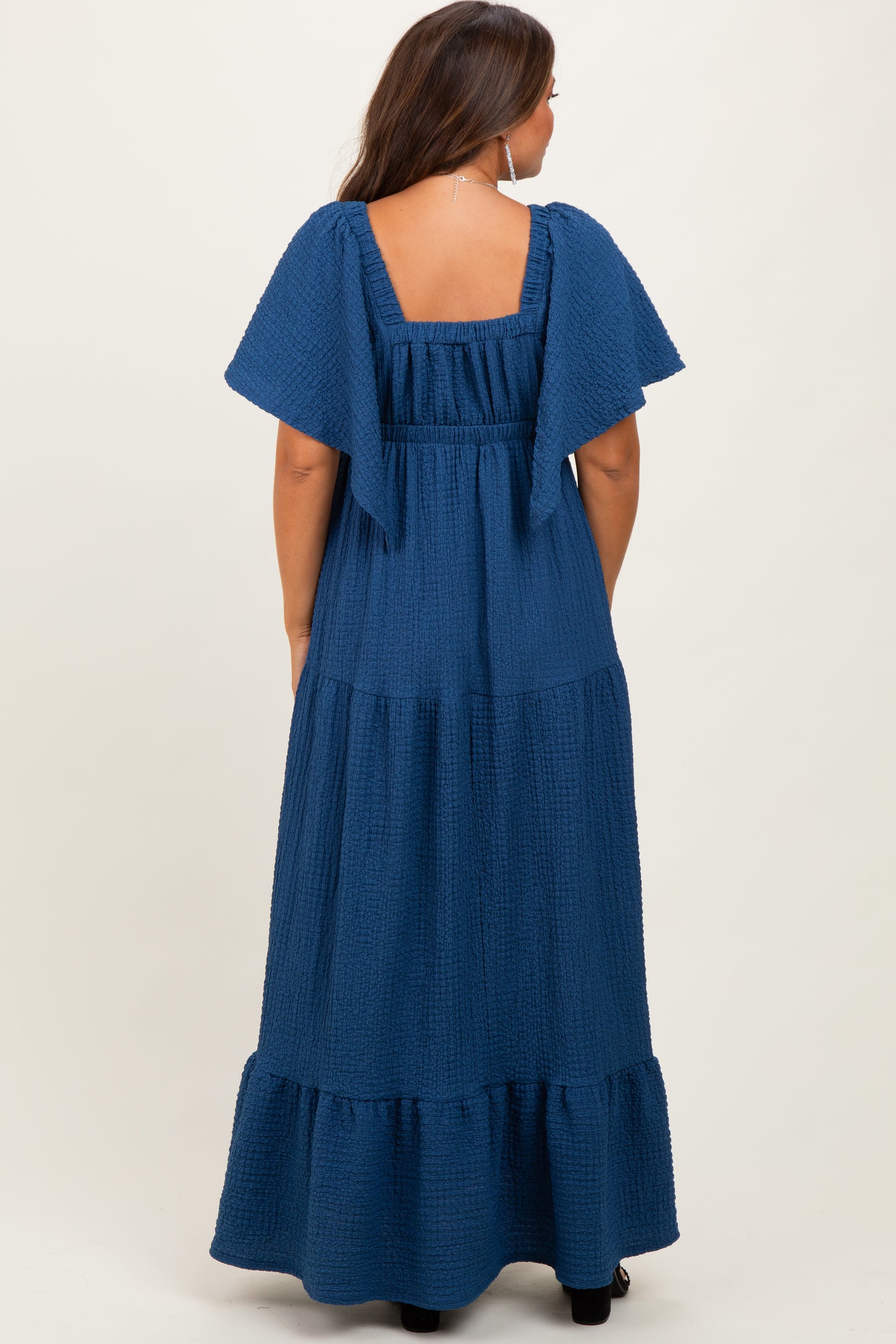 Royal Blue Textured Flutter Sleeve V-Neck Tiered Maxi Dress