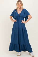 Royal Blue Textured Flutter Sleeve V-Neck Tiered Maxi Dress