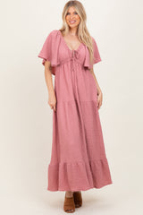 Mauve Textured Flutter Sleeve V-Neck Tiered Maxi Dress