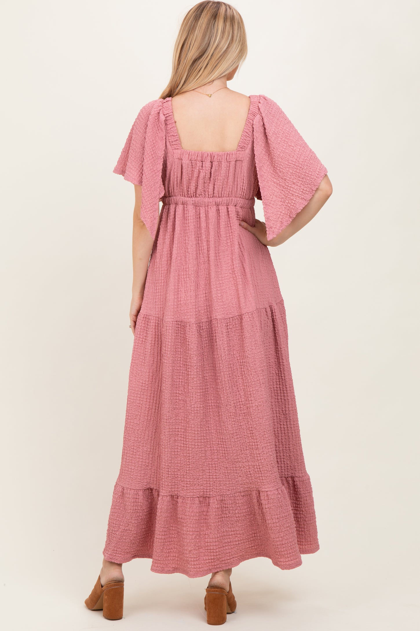 Mauve Textured Flutter Sleeve V-Neck Tiered Maxi Dress