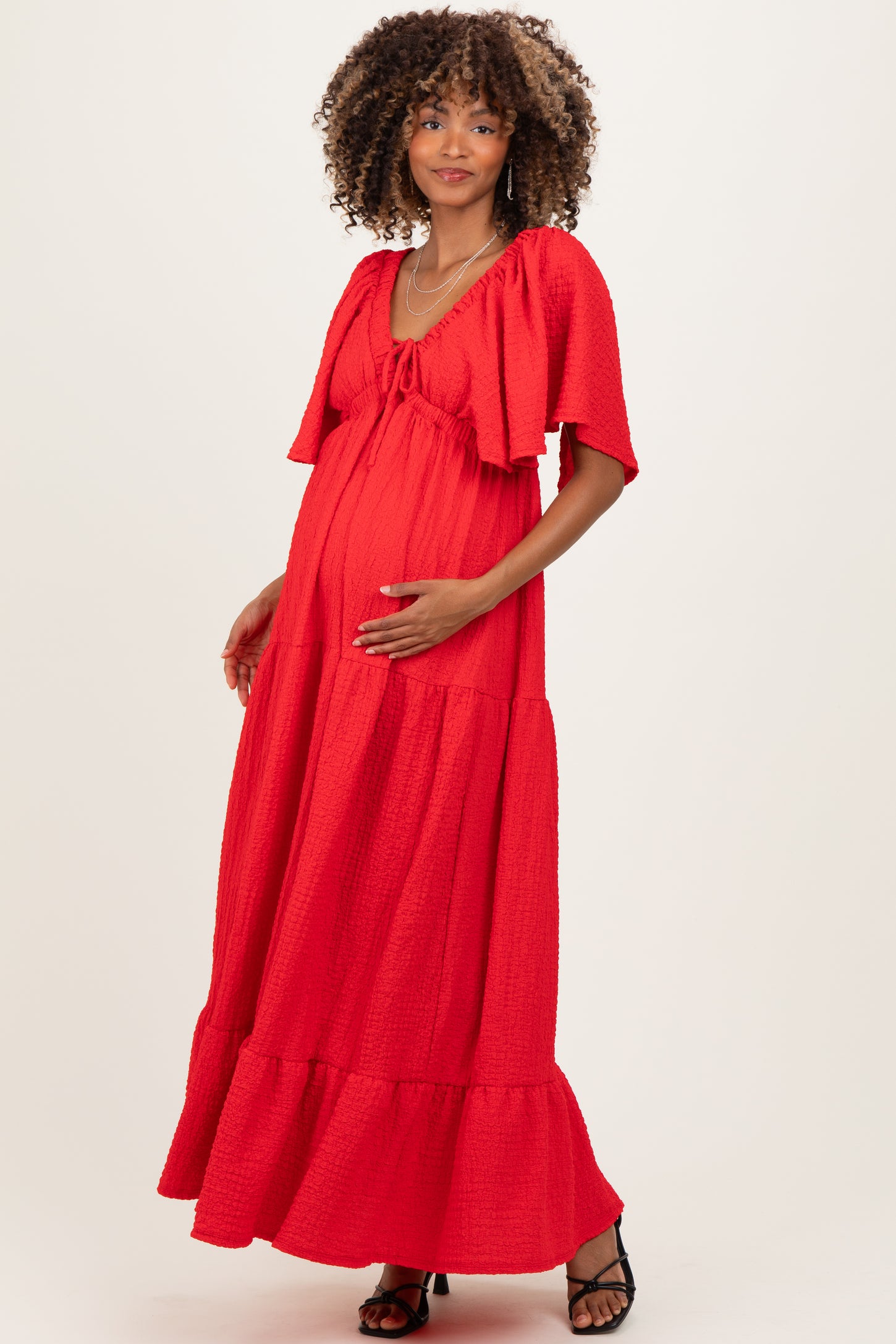Red Woven Textured Flutter Sleeve V-Neck Tiered Maternity Maxi Dress – PinkBlush