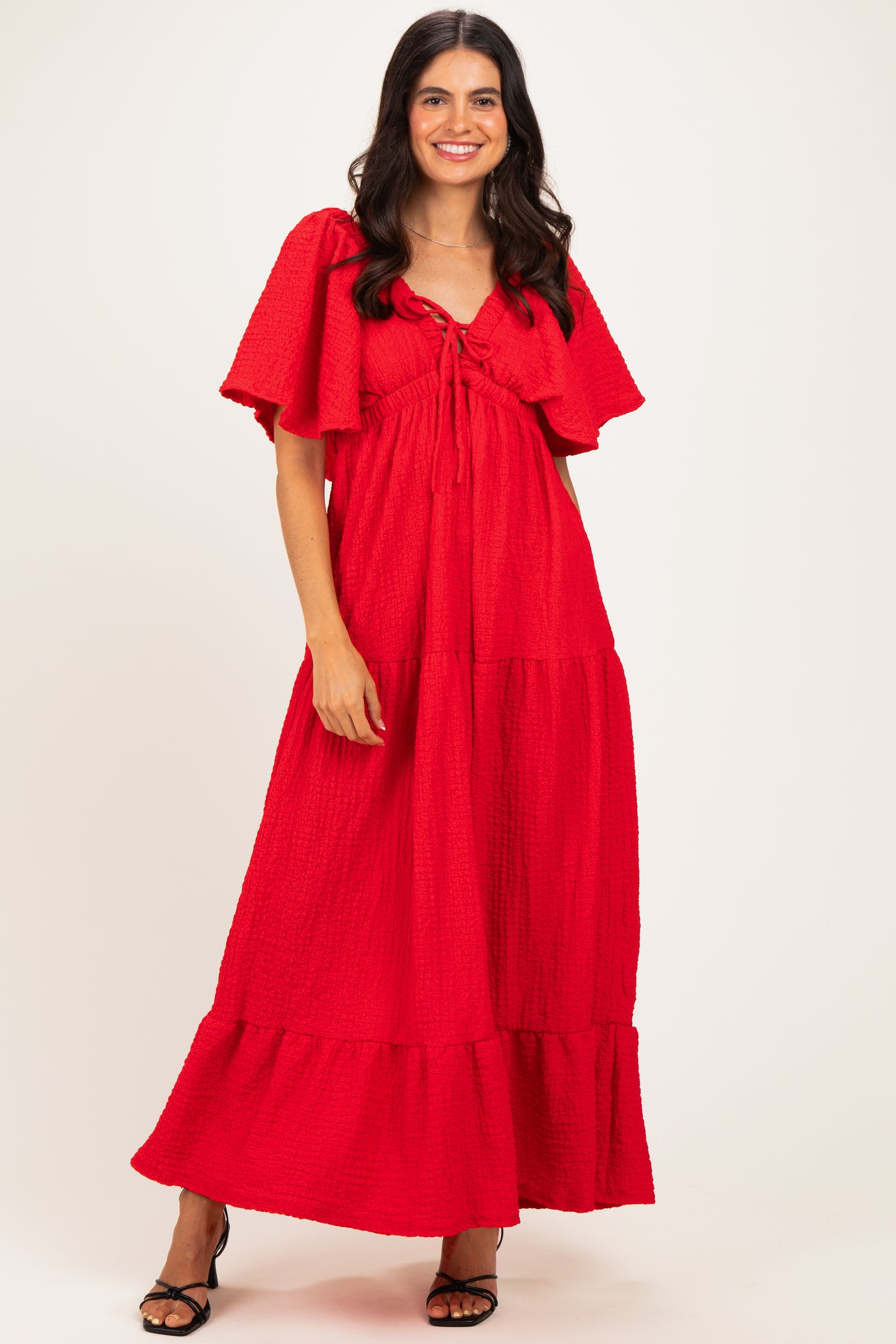 Red Woven Textured Flutter Sleeve V-Neck Tiered Maternity Maxi Dress – PinkBlush