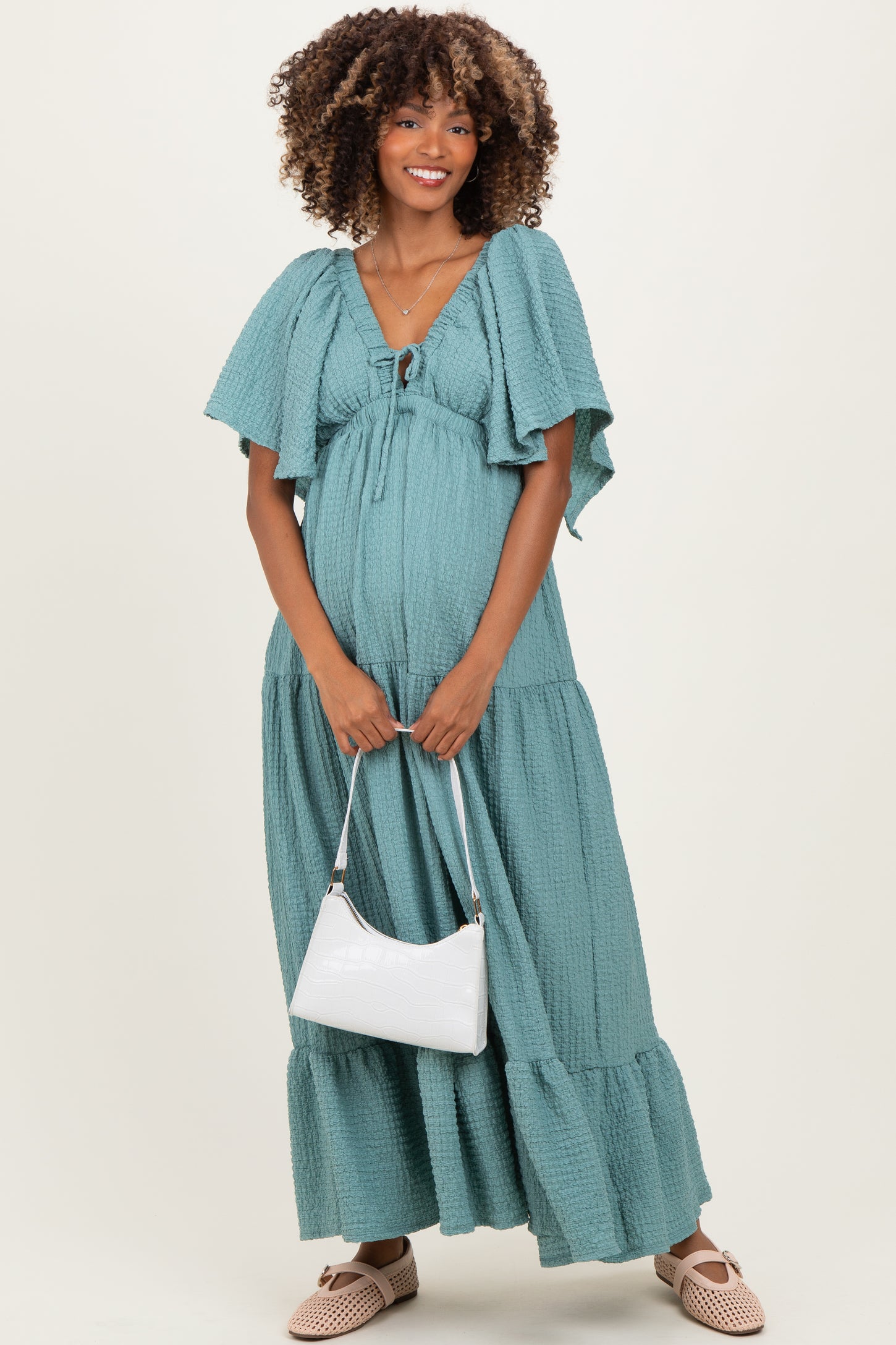 Sage Woven Textured Flutter Sleeve V-Neck Tiered Maternity Maxi Dress – PinkBlush