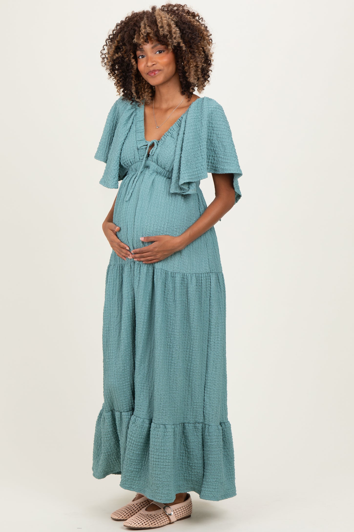 Sage Woven Textured Flutter Sleeve V-Neck Tiered Maternity Maxi Dress – PinkBlush