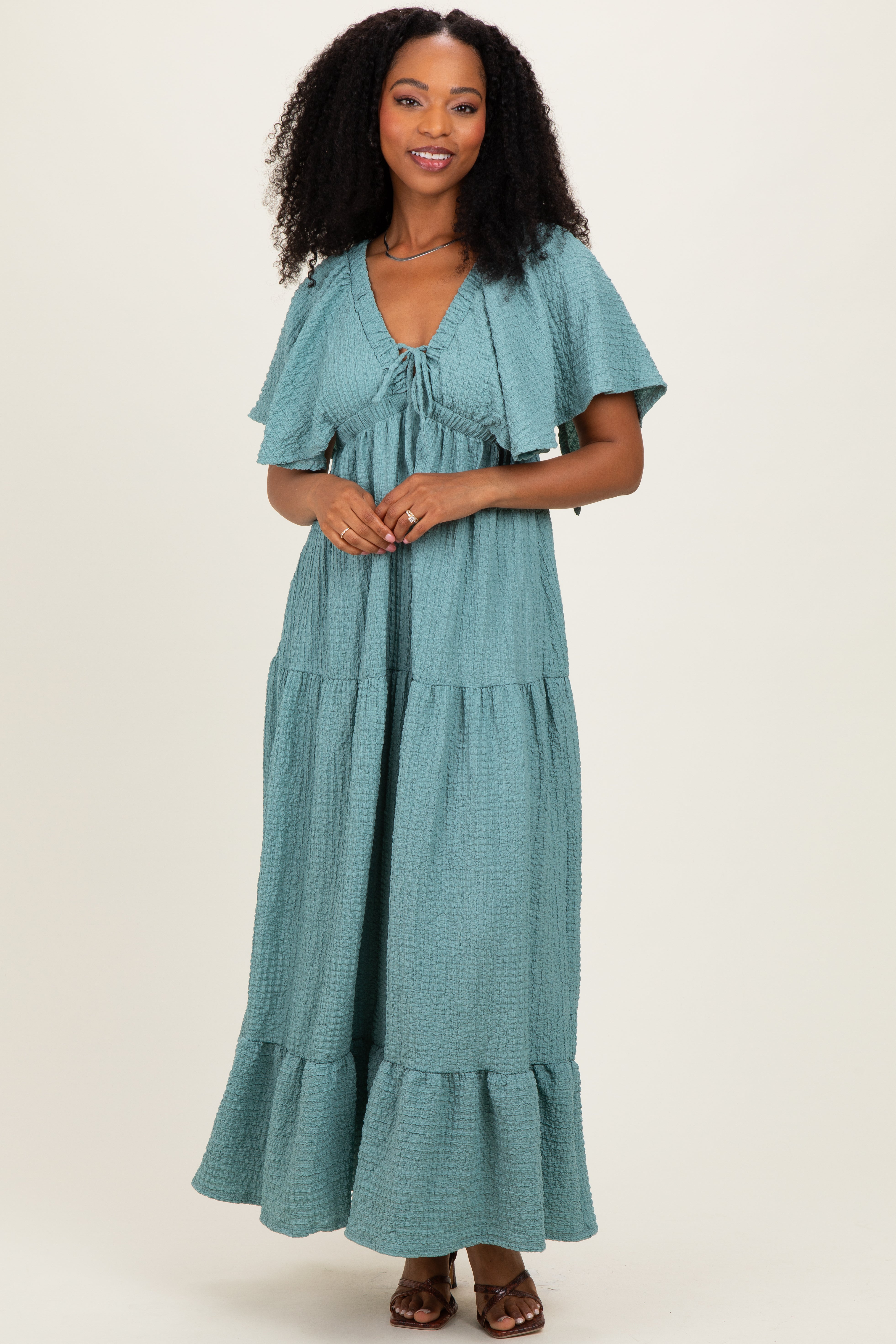 Sage Woven Textured Flutter Sleeve V-Neck Tiered Maternity Maxi Dress – PinkBlush
